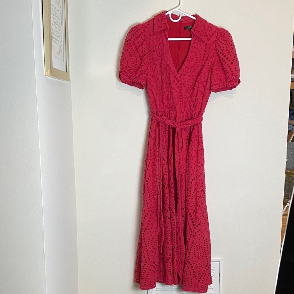 Badgley Mischka Eyelet Belted Vneck Midi Dress Red Raspberry Pink Puff Sleeve 4 - Picture 2 of 8